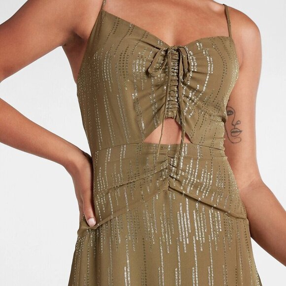 NWT Express Maxi Dress Women's Size XL Olive Green Metallic Cutout Ruched Front - Picture 2 of 16